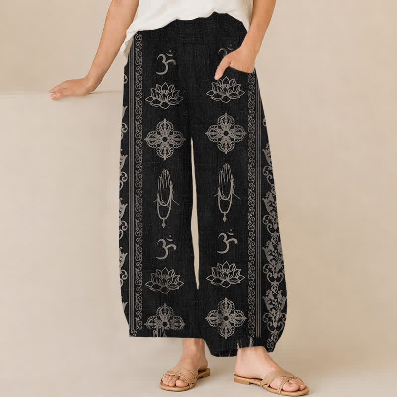 Buddha Stones Cotton Lotus Double Dorje Vajra Namaste Om Pattern Pleated Elastic Waist Women's Harem Pants With Pockets - Black - US16，UK/AU20，EU48 (3XL) - image 0