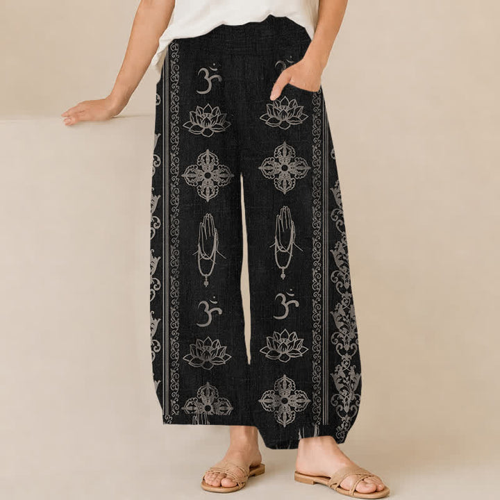Buddha Stones Cotton Lotus Double Dorje Vajra Namaste Om Pattern Pleated Elastic Waist Women's Harem Pants With Pockets - Black - US16，UK/AU20，EU48 (3XL) - image 0