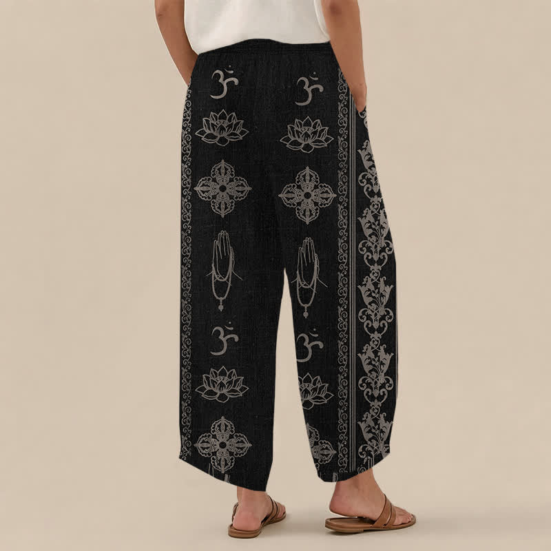 Buddha Stones Cotton Lotus Double Dorje Vajra Namaste Om Pattern Pleated Elastic Waist Women's Harem Pants With Pockets - image 2