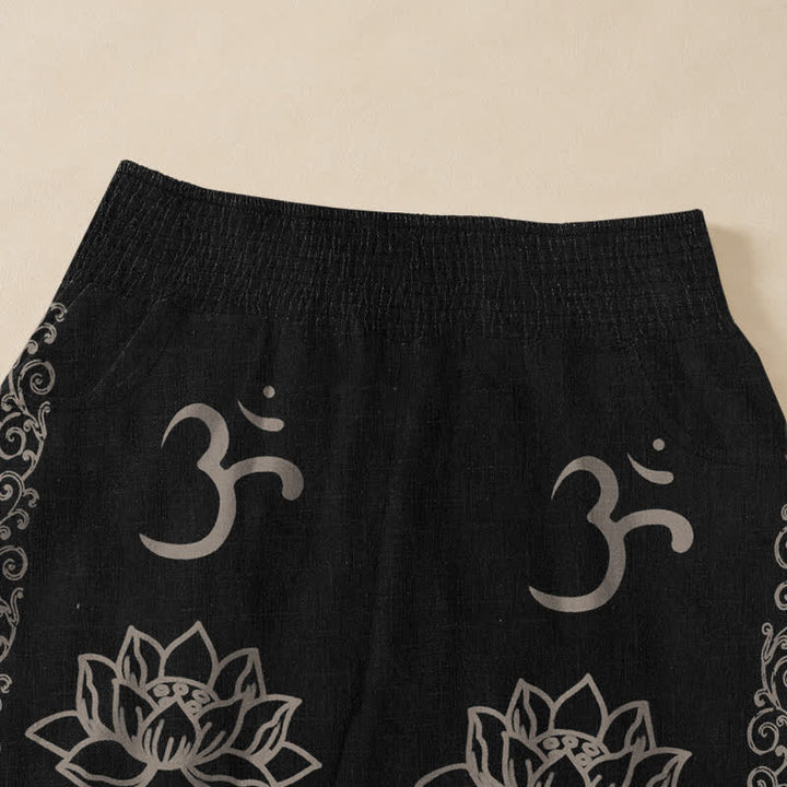 Buddha Stones Cotton Lotus Double Dorje Vajra Namaste Om Pattern Pleated Elastic Waist Women's Harem Pants With Pockets - image 4