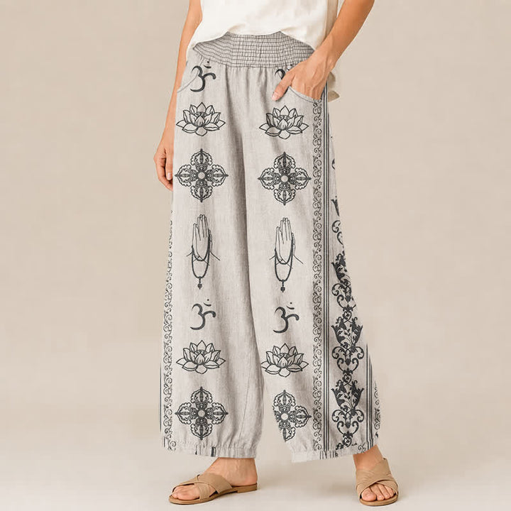 Buddha Stones Cotton Lotus Double Dorje Vajra Namaste Om Pattern Pleated Elastic Waist Women's Harem Pants With Pockets - image 7