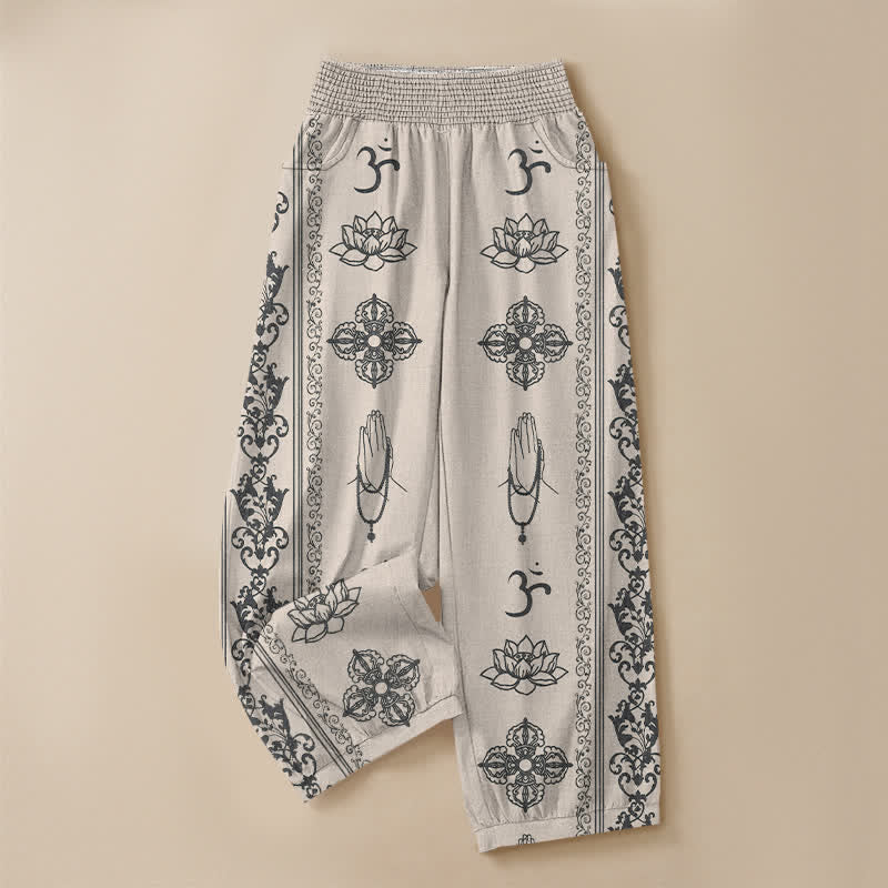 Buddha Stones Cotton Lotus Double Dorje Vajra Namaste Om Pattern Pleated Elastic Waist Women's Harem Pants With Pockets - image 9