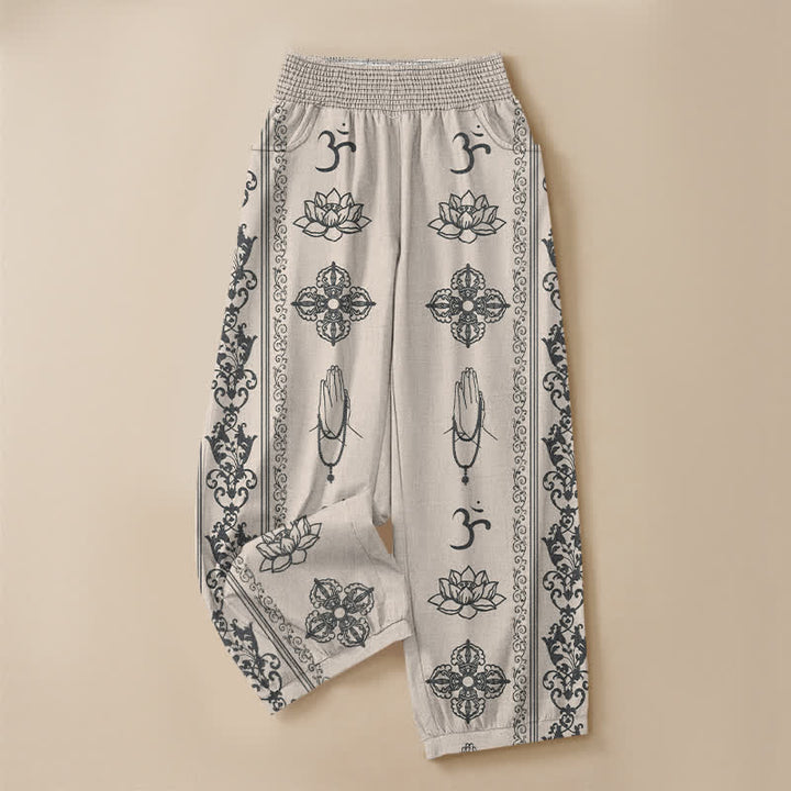 Buddha Stones Cotton Lotus Double Dorje Vajra Namaste Om Pattern Pleated Elastic Waist Women's Harem Pants With Pockets - image 9