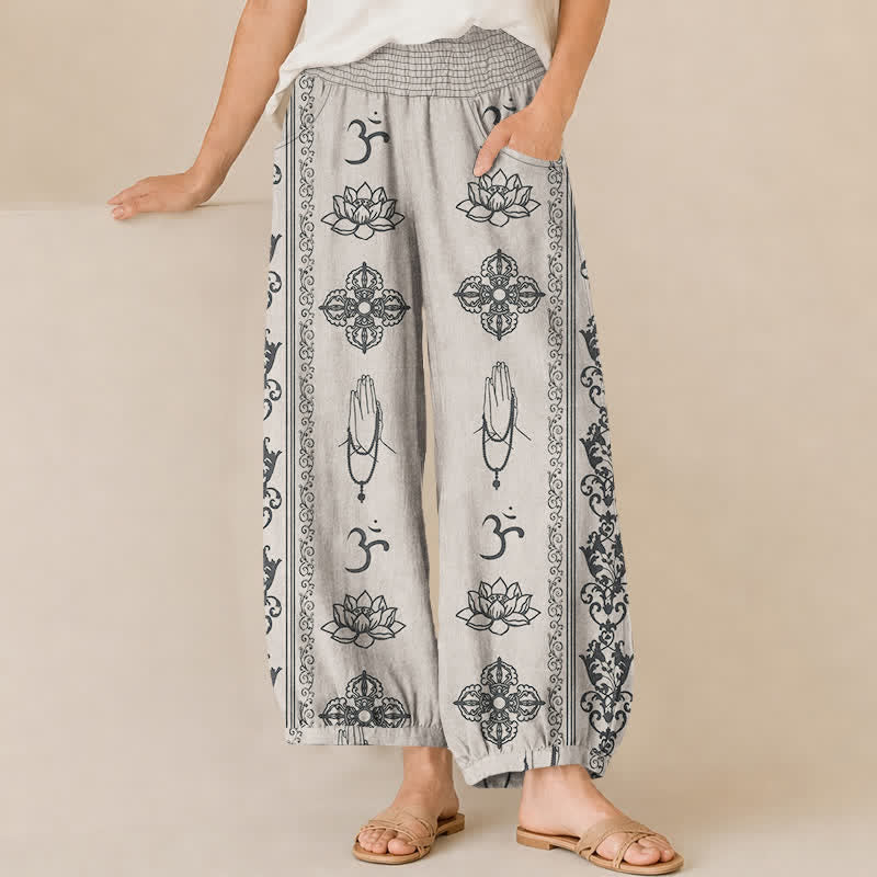 Buddha Stones Cotton Lotus Double Dorje Vajra Namaste Om Pattern Pleated Elastic Waist Women's Harem Pants With Pockets - Linen - US16，UK/AU20，EU48 (3XL) - image 6