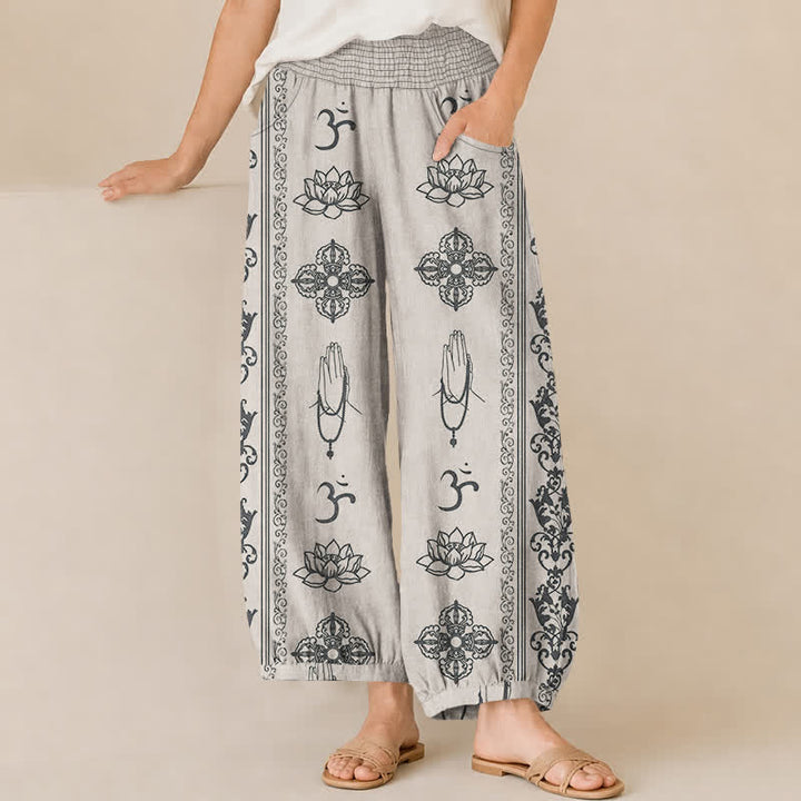 Buddha Stones Cotton Lotus Double Dorje Vajra Namaste Om Pattern Pleated Elastic Waist Women's Harem Pants With Pockets - Linen - US16，UK/AU20，EU48 (3XL) - image 6