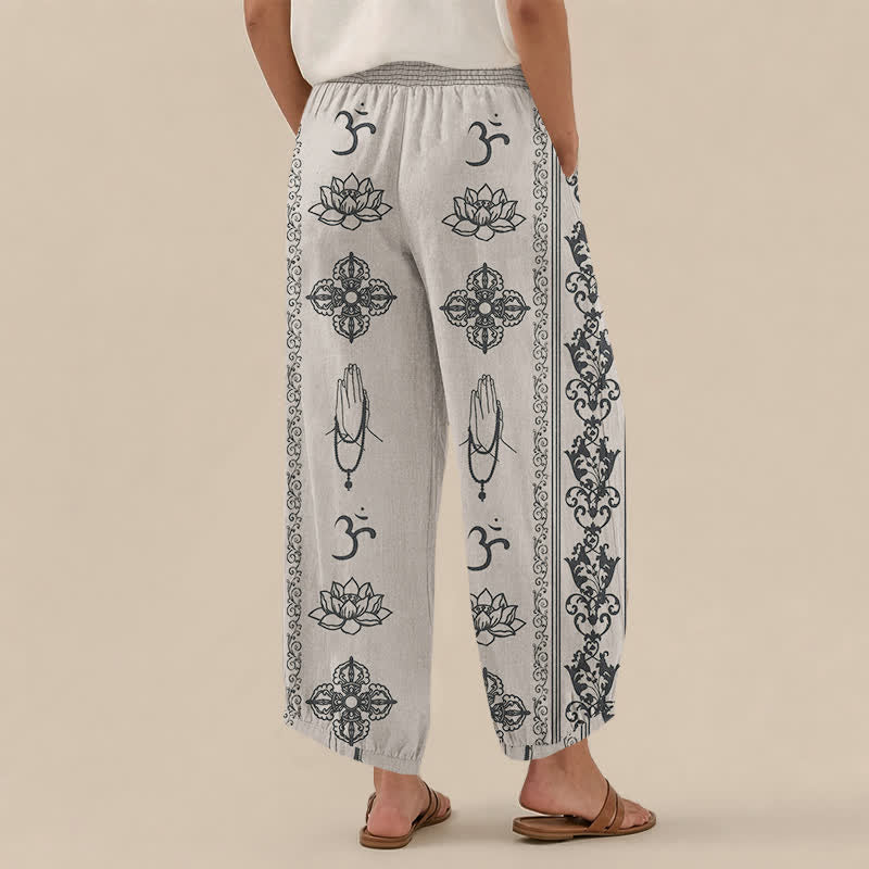 Buddha Stones Cotton Lotus Double Dorje Vajra Namaste Om Pattern Pleated Elastic Waist Women's Harem Pants With Pockets - image 8