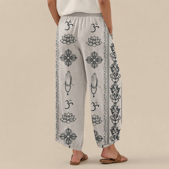 Buddha Stones Cotton Lotus Double Dorje Vajra Namaste Om Pattern Pleated Elastic Waist Women's Harem Pants With Pockets - image 8
