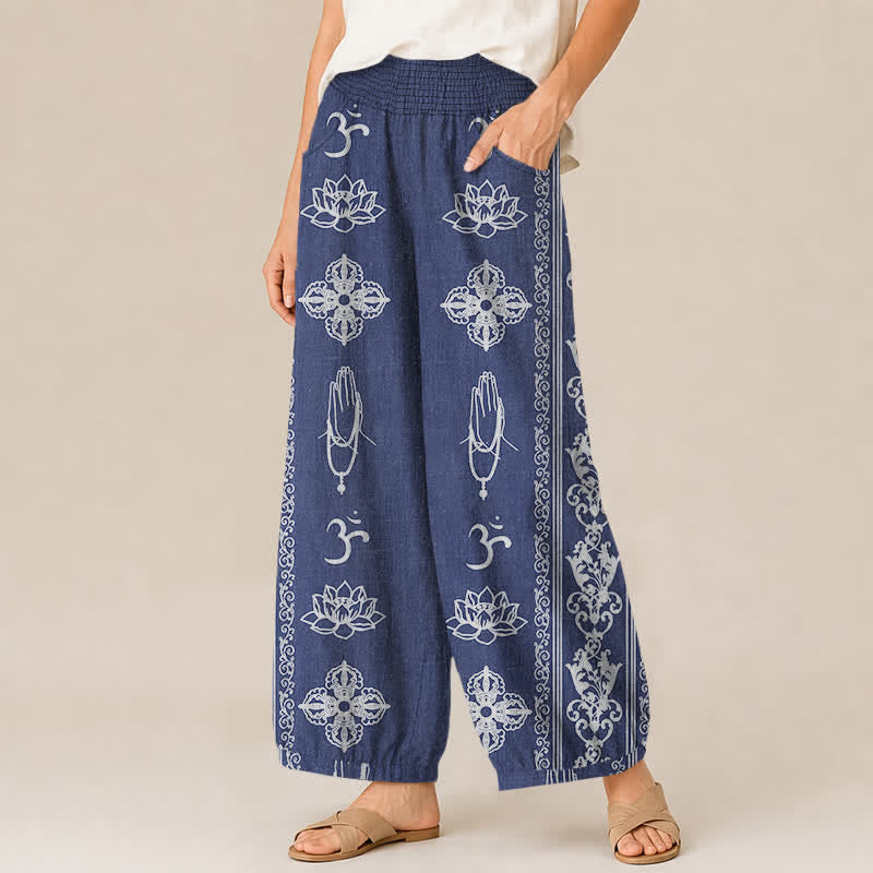 Buddha Stones Cotton Lotus Double Dorje Vajra Namaste Om Pattern Pleated Elastic Waist Women's Harem Pants With Pockets - image 11