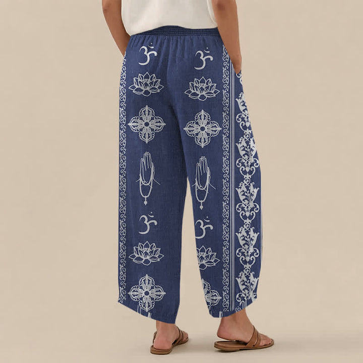 Buddha Stones Cotton Lotus Double Dorje Vajra Namaste Om Pattern Pleated Elastic Waist Women's Harem Pants With Pockets - image 12