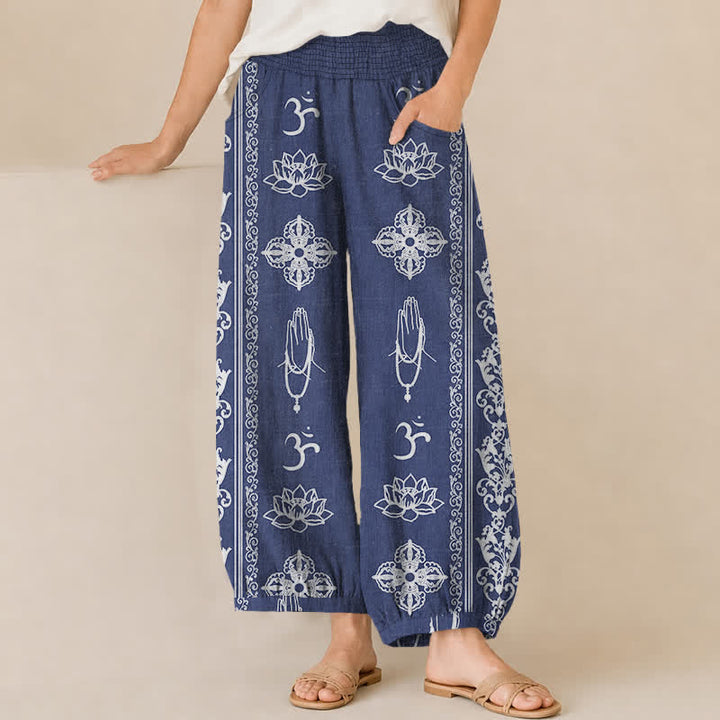 Buddha Stones Cotton Lotus Double Dorje Vajra Namaste Om Pattern Pleated Elastic Waist Women's Harem Pants With Pockets - CornflowerBlue - US16，UK/AU20，EU48 (3XL) - image 10