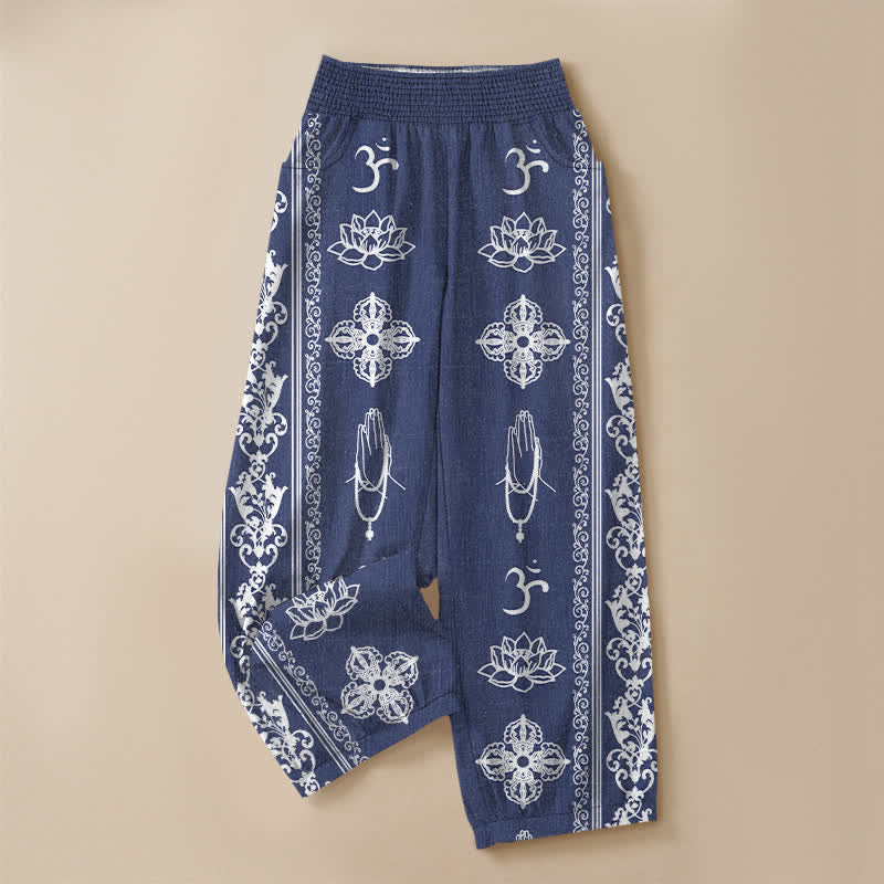 Buddha Stones Cotton Lotus Double Dorje Vajra Namaste Om Pattern Pleated Elastic Waist Women's Harem Pants With Pockets - image 13