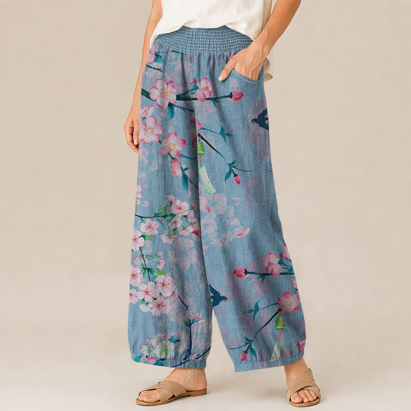Buddha Stones Cotton Sakura Blossom Pattern Pleated Elastic Waist Women's Harem Pants With Pockets - image 11