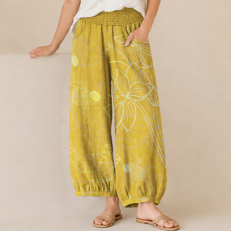 Buddha Stones Cotton Golden Lotus Koi Fish Pattern Pleated Elastic Waist Women's Harem Pants With Pockets - Gold - US16，UK/AU20，EU48 (3XL) - image 10
