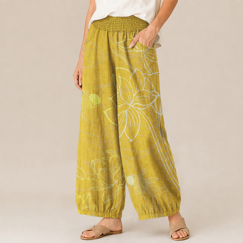 Buddha Stones Cotton Golden Lotus Koi Fish Pattern Pleated Elastic Waist Women's Harem Pants With Pockets - image 11