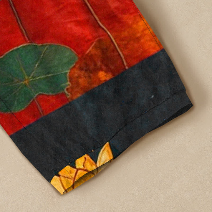 Buddha Stones Cotton Oriental Yellow Lotus Calligraphy Pattern Pleated Elastic Waist Women's Harem Pants With Pockets - image 5