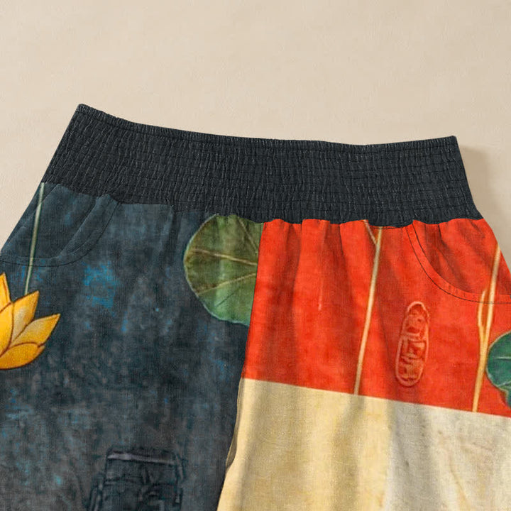 Buddha Stones Cotton Oriental Yellow Lotus Calligraphy Pattern Pleated Elastic Waist Women's Harem Pants With Pockets - image 4