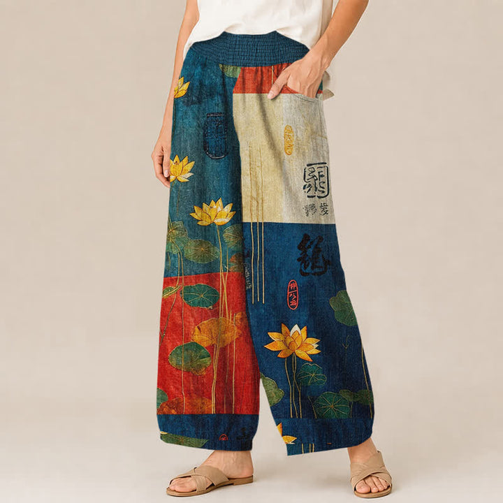 Buddha Stones Cotton Oriental Yellow Lotus Calligraphy Pattern Pleated Elastic Waist Women's Harem Pants With Pockets - image 7