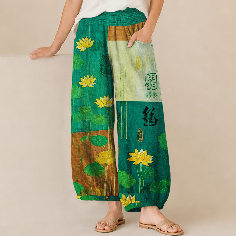 Buddha Stones Cotton Oriental Yellow Lotus Calligraphy Pattern Pleated Elastic Waist Women's Harem Pants With Pockets - MediumSeaGreen - US16，UK/AU20，EU48 (3XL) - image 10