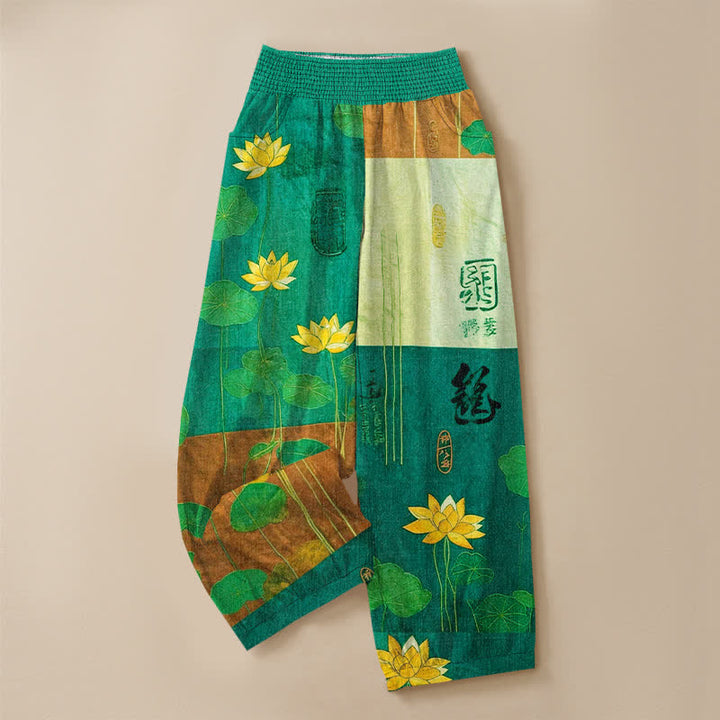 Buddha Stones Cotton Oriental Yellow Lotus Calligraphy Pattern Pleated Elastic Waist Women's Harem Pants With Pockets - image 13