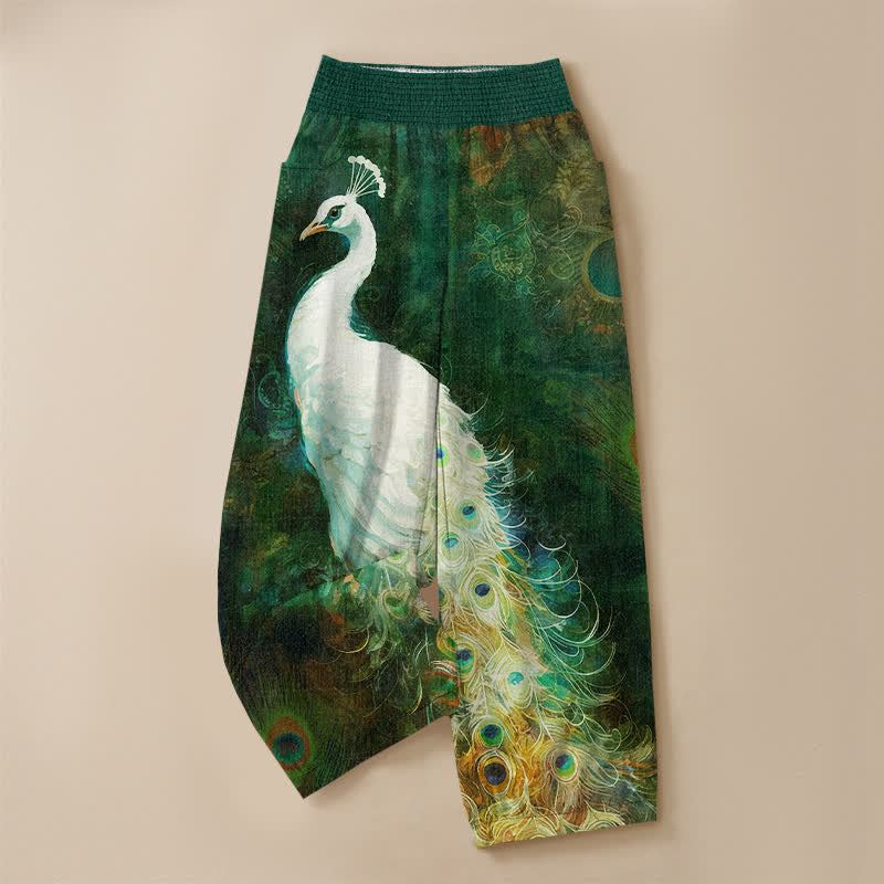 Buddha Stones Cotton White Peacock Feather Pattern Pleated Elastic Waist Women's Harem Pants With Pockets - image 13