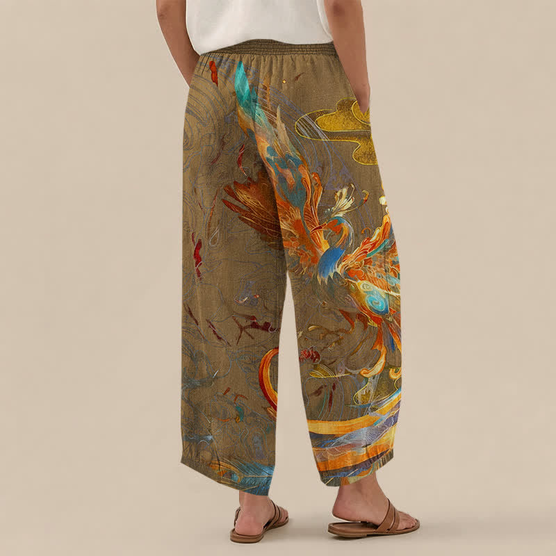 Buddha Stones Cotton Oriental Phoenix Feather Pattern Pleated Elastic Waist Women's Harem Pants With Pockets - image 8