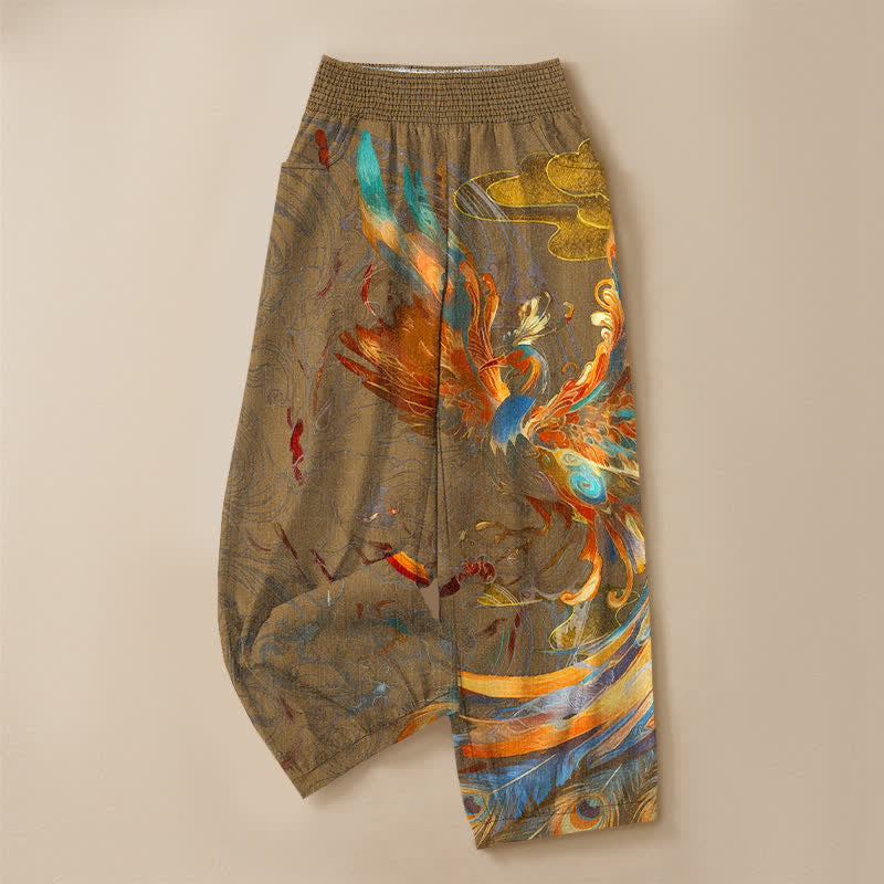 Buddha Stones Cotton Oriental Phoenix Feather Pattern Pleated Elastic Waist Women's Harem Pants With Pockets - image 9