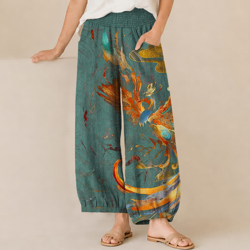 Buddha Stones Cotton Oriental Phoenix Feather Pattern Pleated Elastic Waist Women's Harem Pants With Pockets - Teal - US16，UK/AU20，EU48 (3XL) - image 10