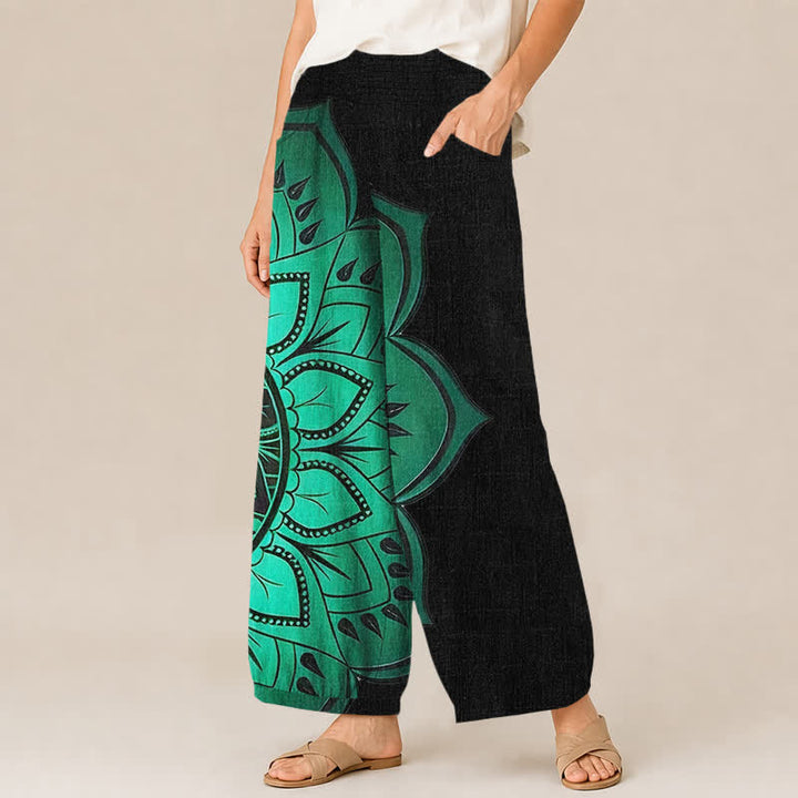 Buddha Stones Cotton Bohemian Mandala Floral Pattern Pleated Elastic Waist Women's Harem Pants With Pockets - image 1