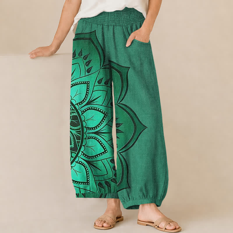 Buddha Stones Cotton Bohemian Mandala Floral Pattern Pleated Elastic Waist Women's Harem Pants With Pockets - MediumSeaGreen - US16，UK/AU20，EU48 (3XL) - image 6