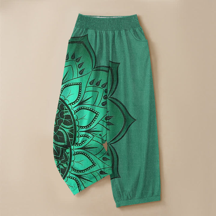 Buddha Stones Cotton Bohemian Mandala Floral Pattern Pleated Elastic Waist Women's Harem Pants With Pockets - image 9