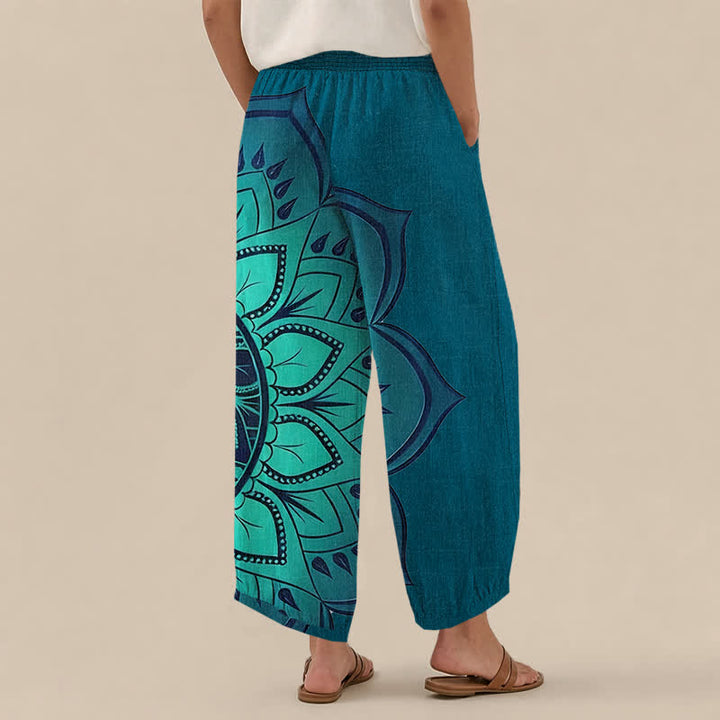 Buddha Stones Cotton Bohemian Mandala Floral Pattern Pleated Elastic Waist Women's Harem Pants With Pockets - image 12