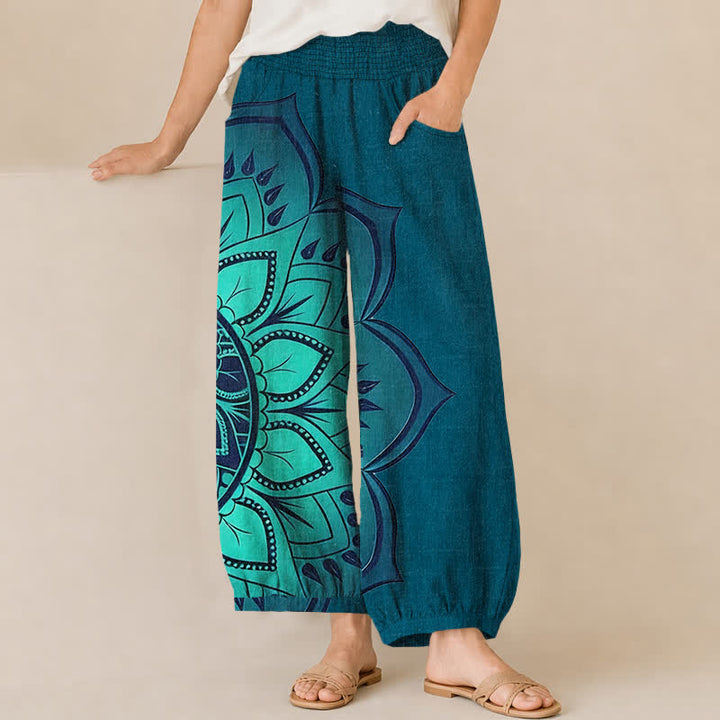 Buddha Stones Cotton Bohemian Mandala Floral Pattern Pleated Elastic Waist Women's Harem Pants With Pockets - Teal - US16，UK/AU20，EU48 (3XL) - image 10