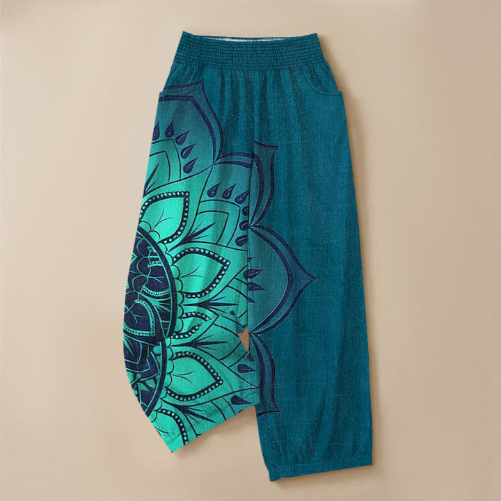 Buddha Stones Cotton Bohemian Mandala Floral Pattern Pleated Elastic Waist Women's Harem Pants With Pockets - image 13