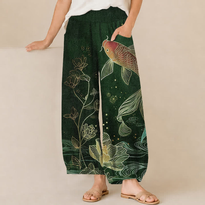 Buddha Stones Cotton Red Koi Fish Lotus Ripple Pattern Pleated Elastic Waist Women's Harem Pants With Pockets - DarkGreen - US16，UK/AU20，EU48 (3XL) - image 6