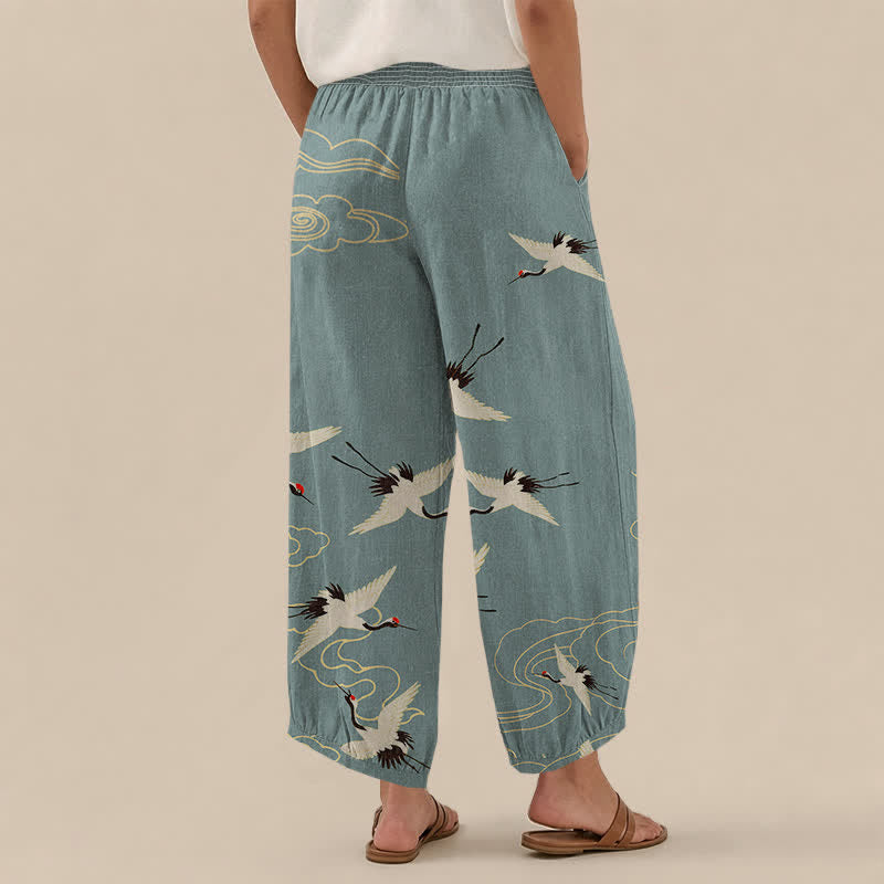 Buddha Stones Cotton Oriental White Crane Clouds Pattern Pleated Elastic Waist Women's Harem Pants With Pockets - image 2