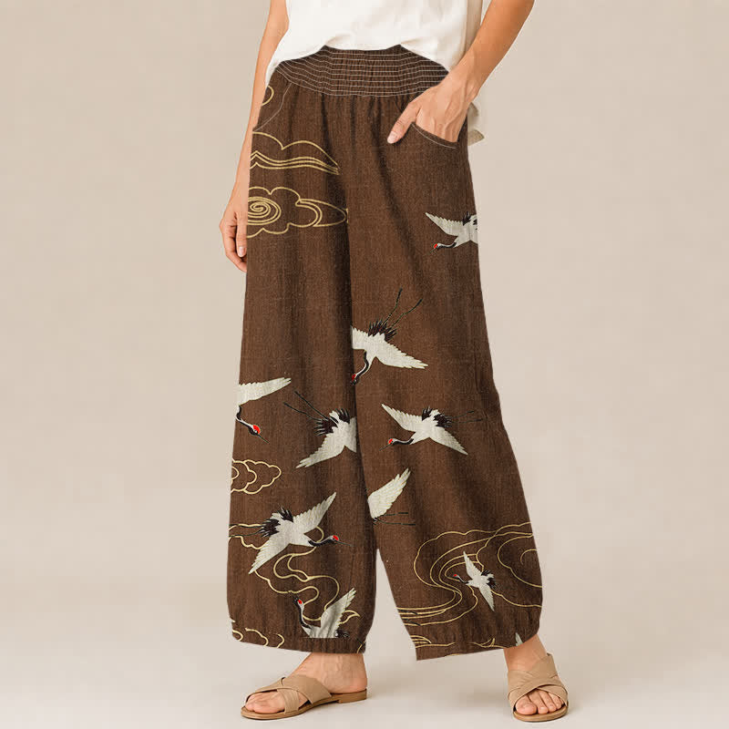 Buddha Stones Cotton Oriental White Crane Clouds Pattern Pleated Elastic Waist Women's Harem Pants With Pockets - image 7