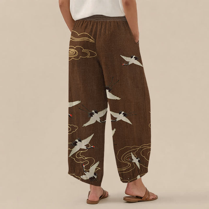 Buddha Stones Cotton Oriental White Crane Clouds Pattern Pleated Elastic Waist Women's Harem Pants With Pockets - image 8