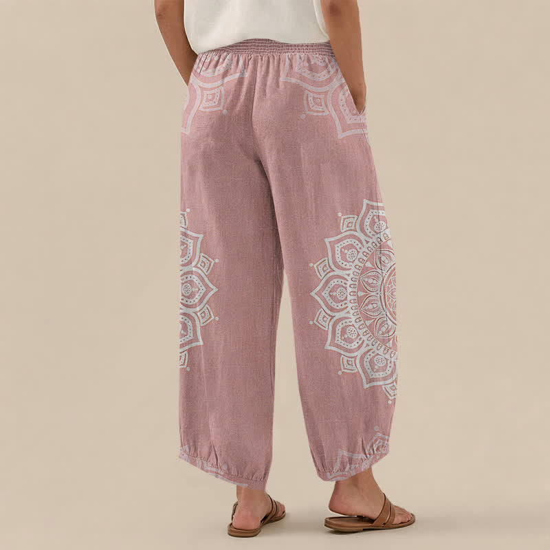 Buddha Stones Cotton Bohemian White Mandala Floral Pattern Pleated Elastic Waist Women's Harem Pants With Pockets - image 2