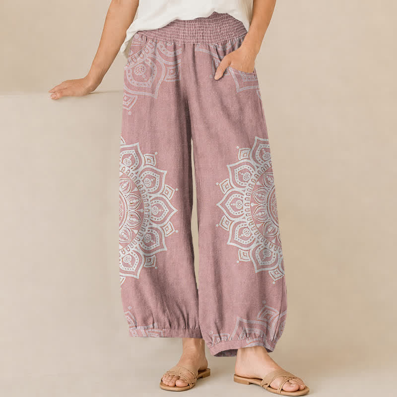 Buddha Stones Cotton Bohemian White Mandala Floral Pattern Pleated Elastic Waist Women's Harem Pants With Pockets - LightPink - US16，UK/AU20，EU48 (3XL) - image 0