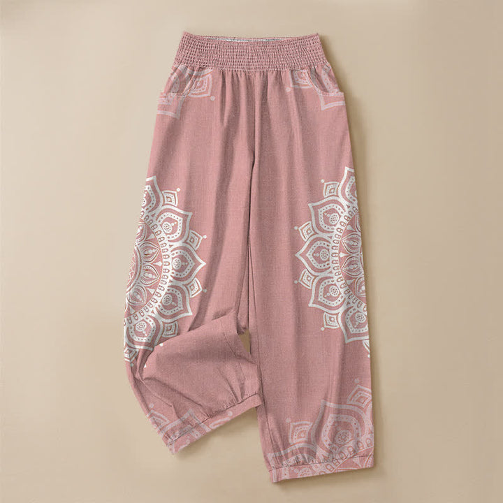 Buddha Stones Cotton Bohemian White Mandala Floral Pattern Pleated Elastic Waist Women's Harem Pants With Pockets - image 3