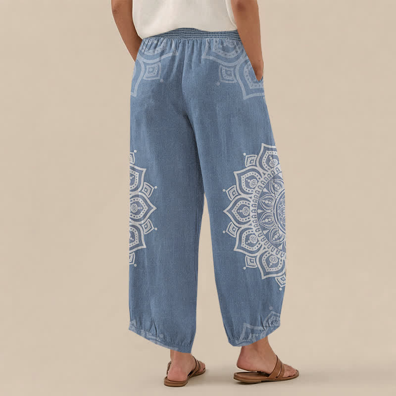 Buddha Stones Cotton Bohemian White Mandala Floral Pattern Pleated Elastic Waist Women's Harem Pants With Pockets - image 8