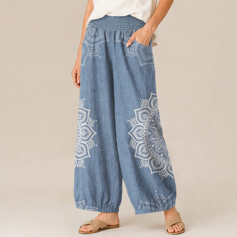 Buddha Stones Cotton Bohemian White Mandala Floral Pattern Pleated Elastic Waist Women's Harem Pants With Pockets - image 7