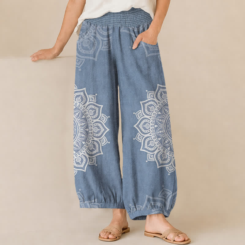 Buddha Stones Cotton Bohemian White Mandala Floral Pattern Pleated Elastic Waist Women's Harem Pants With Pockets - SteelBlue - US16，UK/AU20，EU48 (3XL) - image 6