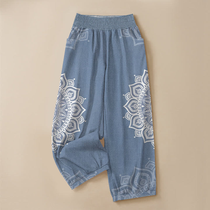 Buddha Stones Cotton Bohemian White Mandala Floral Pattern Pleated Elastic Waist Women's Harem Pants With Pockets - image 9