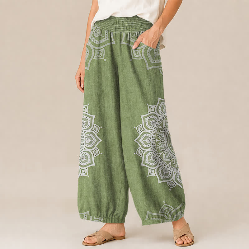 Buddha Stones Cotton Bohemian White Mandala Floral Pattern Pleated Elastic Waist Women's Harem Pants With Pockets - image 11