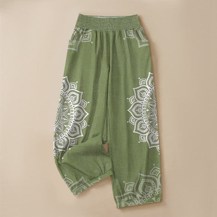 Buddha Stones Cotton Bohemian White Mandala Floral Pattern Pleated Elastic Waist Women's Harem Pants With Pockets - image 13