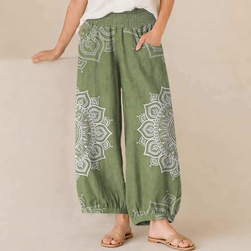 Buddha Stones Cotton Bohemian White Mandala Floral Pattern Pleated Elastic Waist Women's Harem Pants With Pockets - OliveDrab - US16，UK/AU20，EU48 (3XL) - image 10