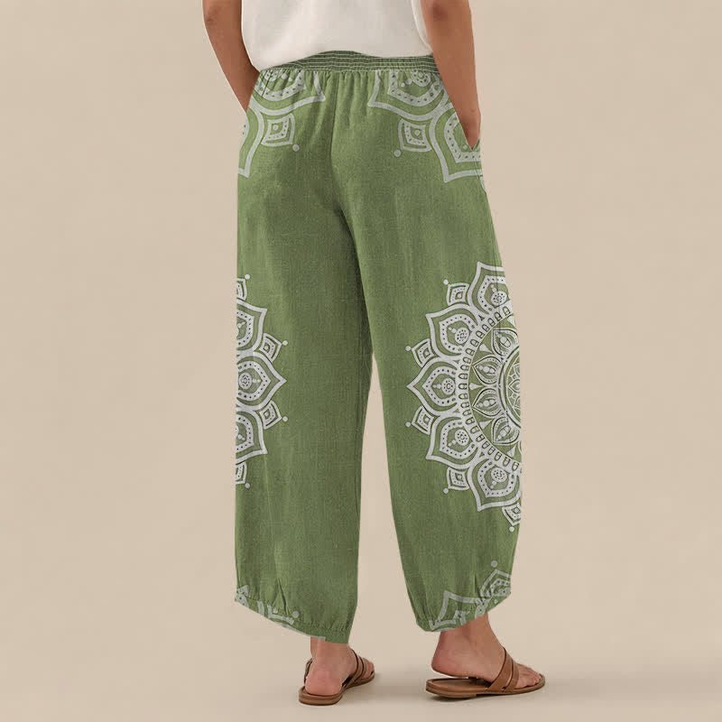 Buddha Stones Cotton Bohemian White Mandala Floral Pattern Pleated Elastic Waist Women's Harem Pants With Pockets - image 12