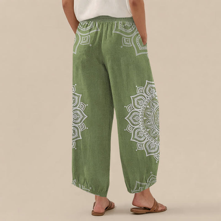 Buddha Stones Cotton Bohemian White Mandala Floral Pattern Pleated Elastic Waist Women's Harem Pants With Pockets - image 12