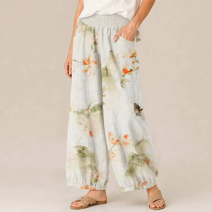 Buddha Stones Cotton Watercolor Floral Butterfly Pattern Pleated Elastic Waist Women's Harem Pants With Pockets - image 1